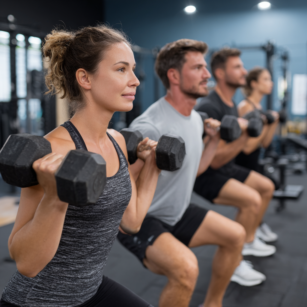 Group of smiling Hungarian adults of various ages exercising together in a modern fitness facility, showing determination and joy during their workout session