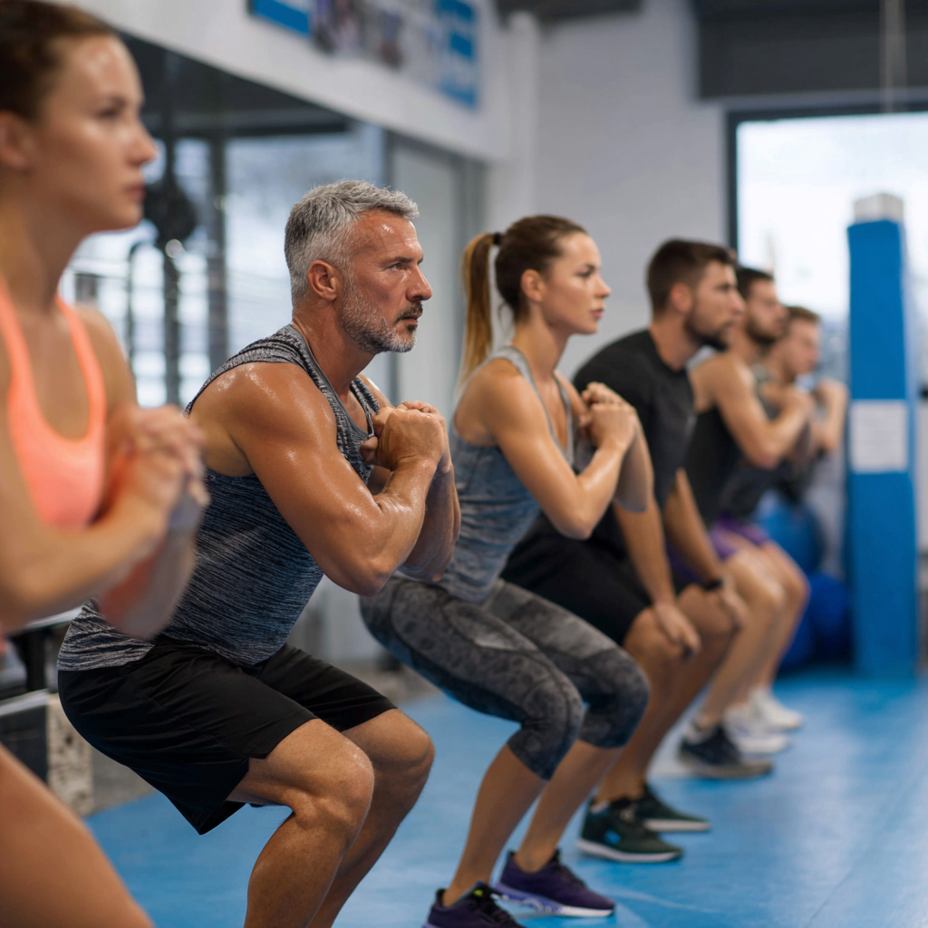 Diverse group of Hungarian adults performing functional strength training exercises with kettlebells and resistance bands, displaying proper form and concentration